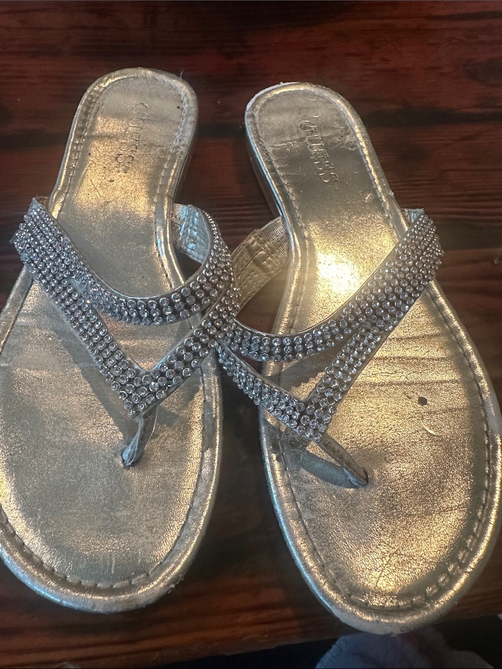 Guess Silver Crystal-Strap Women's Flip Flop Sandals